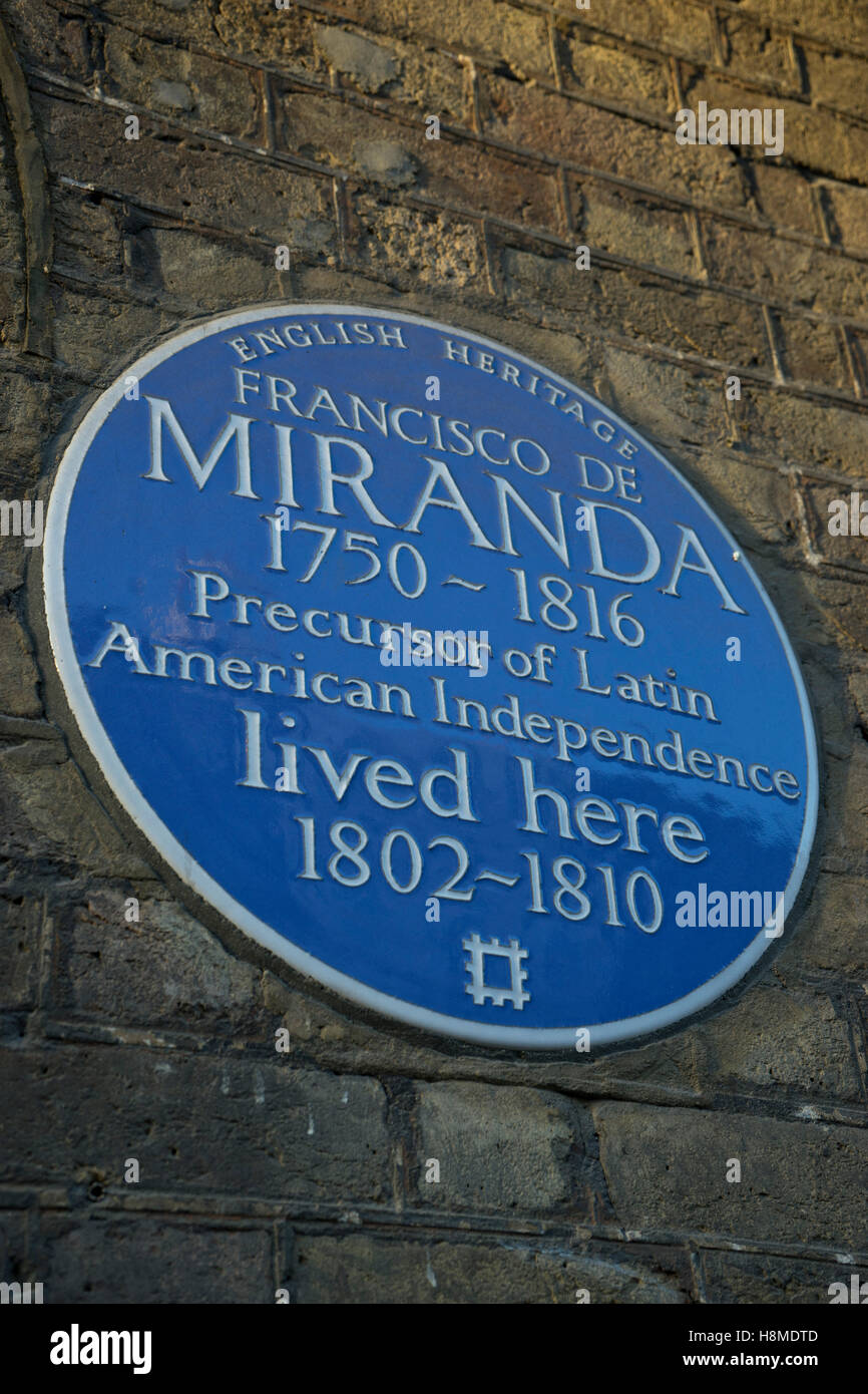 Plaquette d'indépendance latino-américaine patriot Francisco de Miranda à l'extérieur du consulat vénézuélien à Londres, Royaume-Uni Banque D'Images