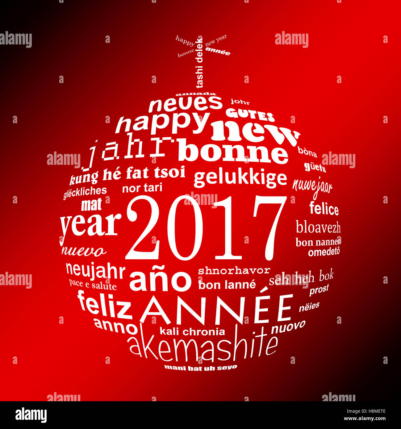 Nouvel an 2017 nuage de mots de texte multilingue carte de souhaits en forme de boule de noël Banque D'Images