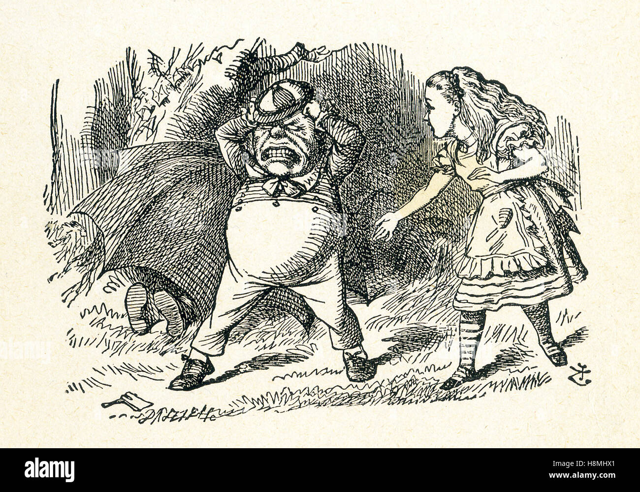 C'est une scène de ce qu'Alice a vu une fois qu'elle est allée à travers le miroir et dans le miroir de Lewis Carroll, chambre 'à travers le miroir.' Ici Alice est vu avec Internet, qui est en colère quand il voit un petit hochet blanc allongé sur le sol. Alice essaie de le calmer. Lewis Carroll (Charles Lutwidge Dodgson) a écrit le roman dans de l'autre côté "et ce qu'Alice a trouvé là' en 1871 comme une suite de 'Alice's Adventures in Wonderland". Banque D'Images