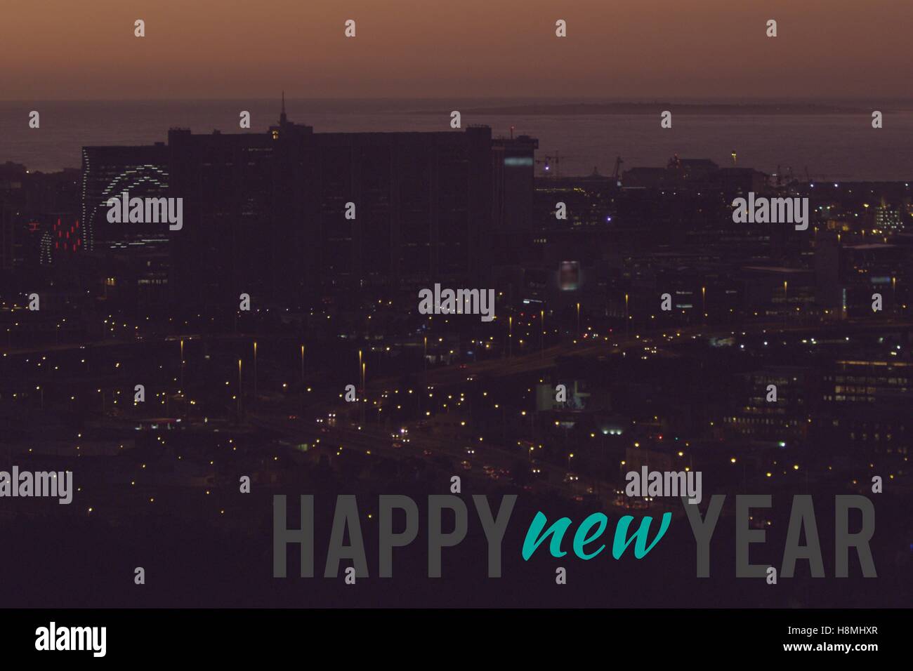 Message du Nouvel An sur Dark City Design d'arrière-plan Banque D'Images