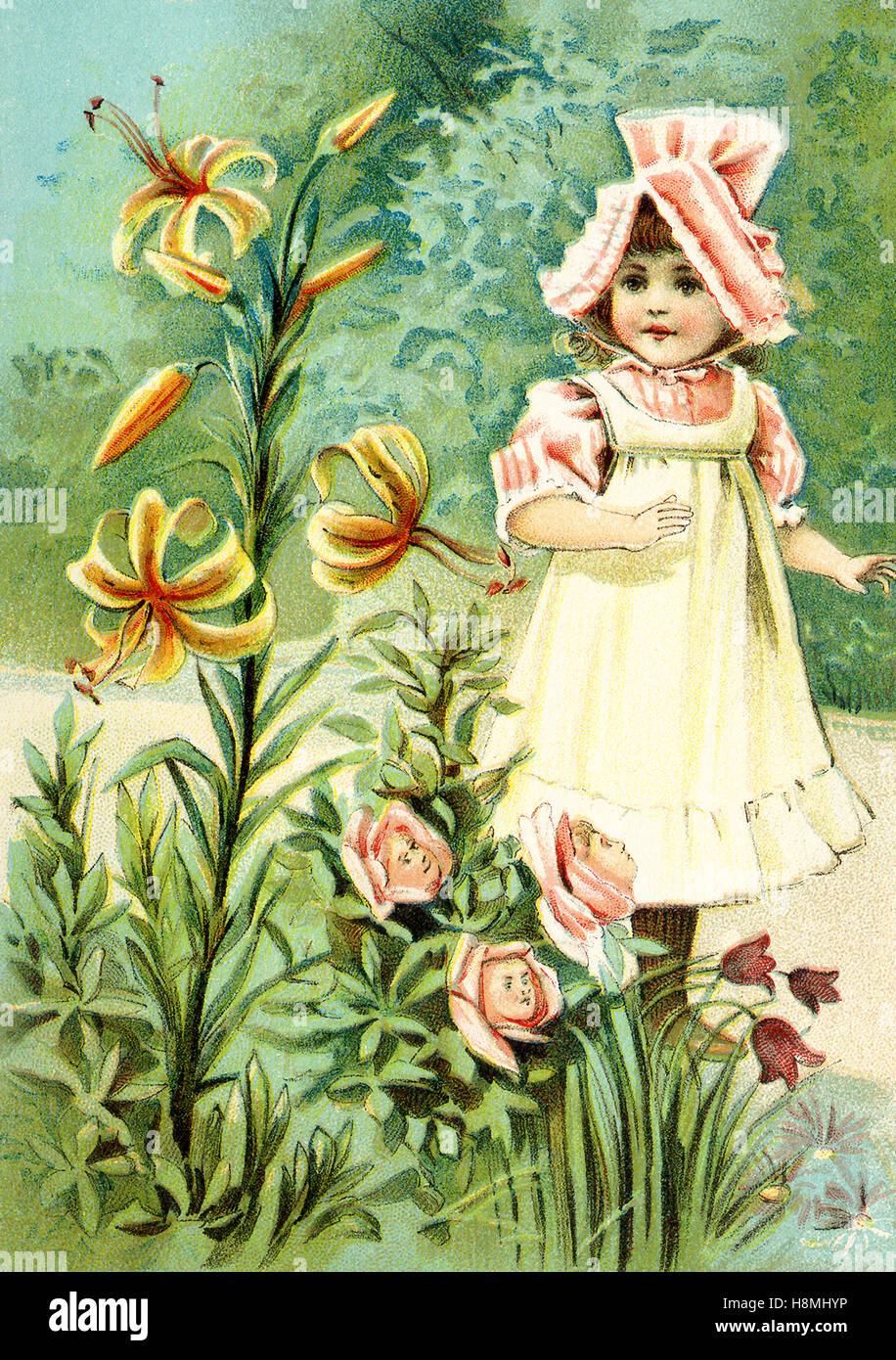 C'est une scène de ce qu'Alice a vu une fois qu'elle est allée à travers le miroir et dans le miroir de Lewis Carroll, chambre 'à travers le miroir.' Ici Alice est décrite comme une jeune fille et la fleur est Tiger-Lily à lui dire, 'Nous pouvons parler." Lewis Carroll (Charles Lutwidge Dodgson) a écrit le roman dans de l'autre côté "et ce qu'Alice a trouvé là' en 1871 comme une suite de 'Alice's Adventures in Wonderland". Banque D'Images