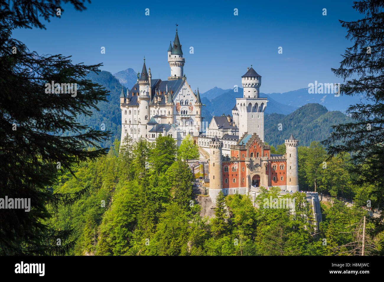 La vue classique du célèbre château de Neuschwanstein, l'un des châteaux les plus visités d'Europe, en été, Bavière, Allemagne Banque D'Images