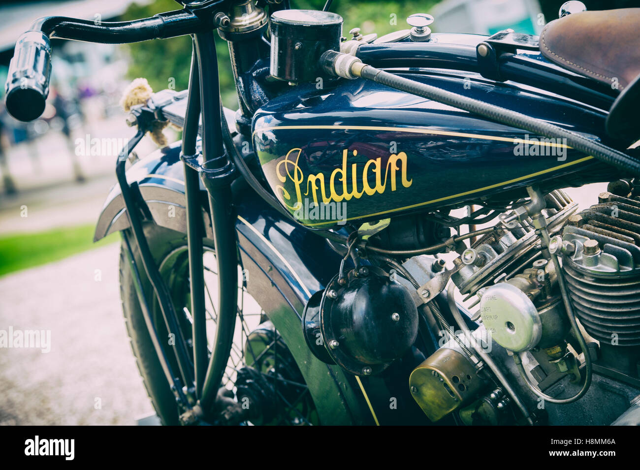 1930 Indian Scout 101 moto. Classic Moto américain. L'Angleterre. Vintage filtre appliqué Banque D'Images