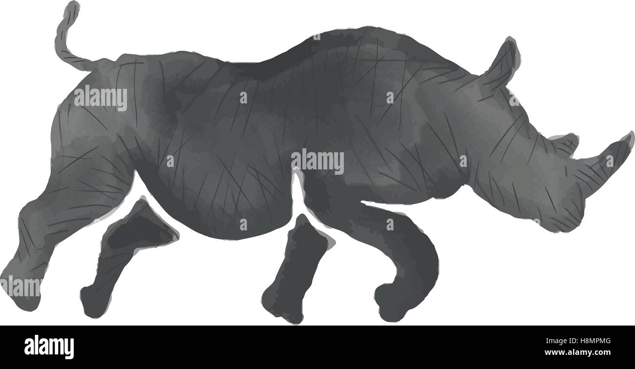 Style aquarelle illustration de la silhouette d'un rhinocéros tournant vue depuis le côté isolé sur fond blanc. Illustration de Vecteur