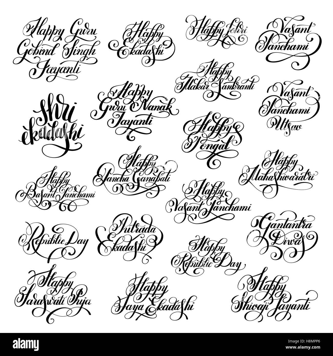 Grand ensemble d'inscription manuscrite à l'encre indienne lettrage winte Illustration de Vecteur