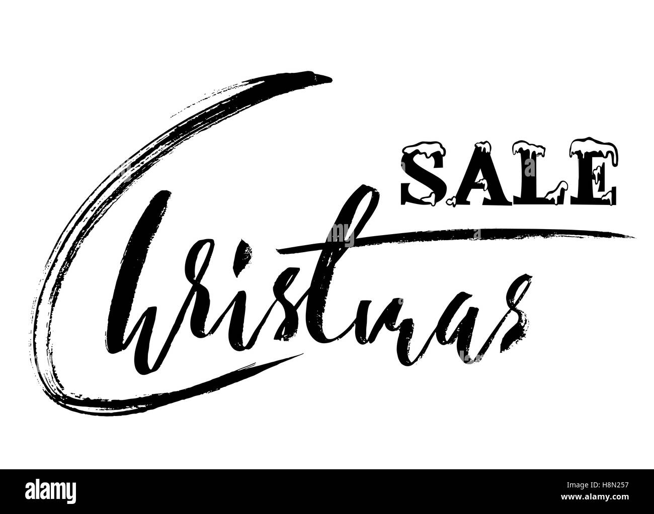Vente de Noël lettrage dessiné à la main. Calligraphie faite à la main en couleur noir blanc isolé sur fond blanc pour votre conception. Vector illustration Illustration de Vecteur