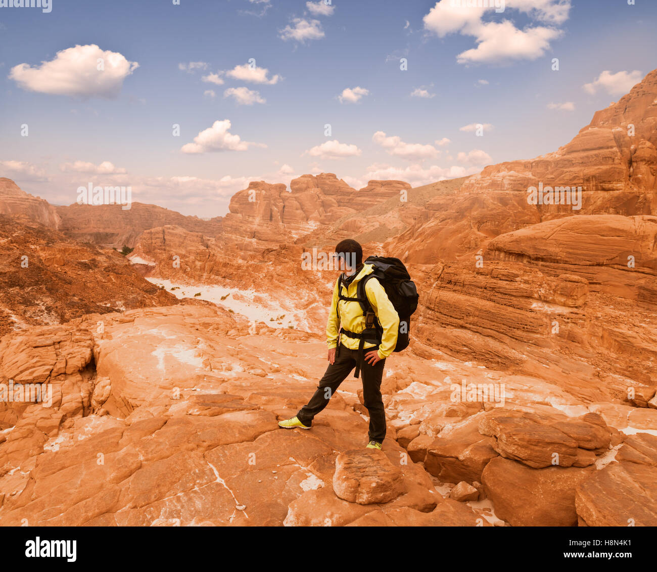 Femme Hiker with backpack profitez d'afficher dans le désert Banque D'Images