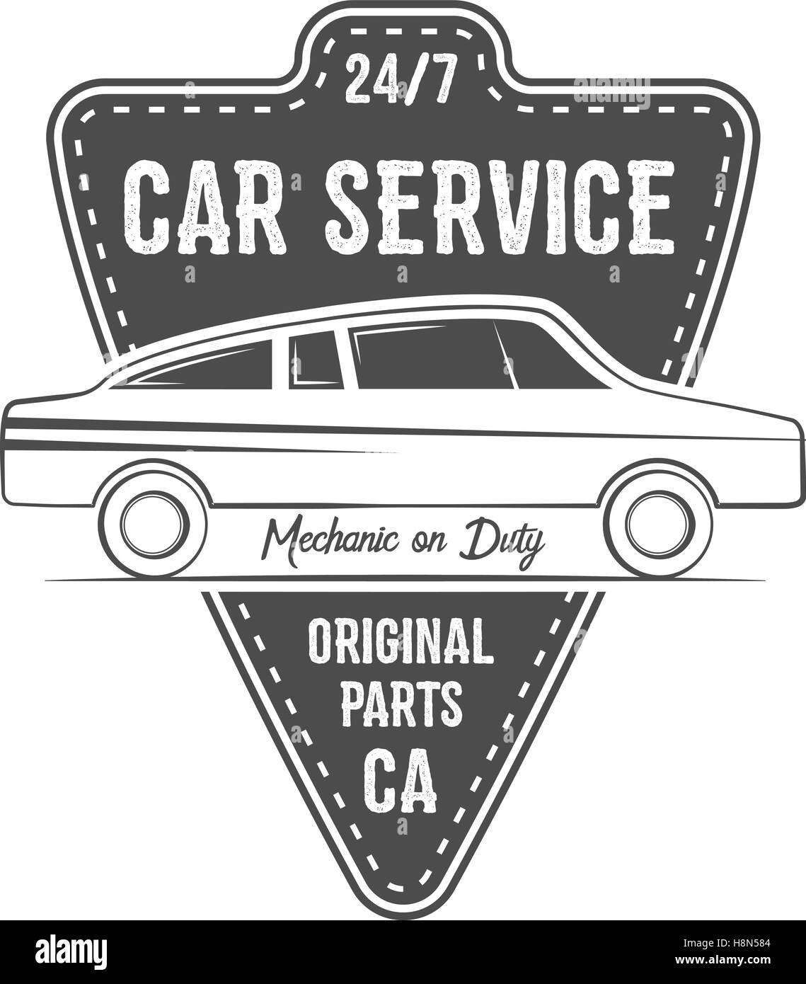 Vintage car la conception de l'étiquette de service. Emblème automobile voiture rétro en monochrome et typographie éléments. Bon pour le character design, estampes, un service de réparation, le logo de l'étiquette, d'un insigne. Vecteur. Illustration de Vecteur