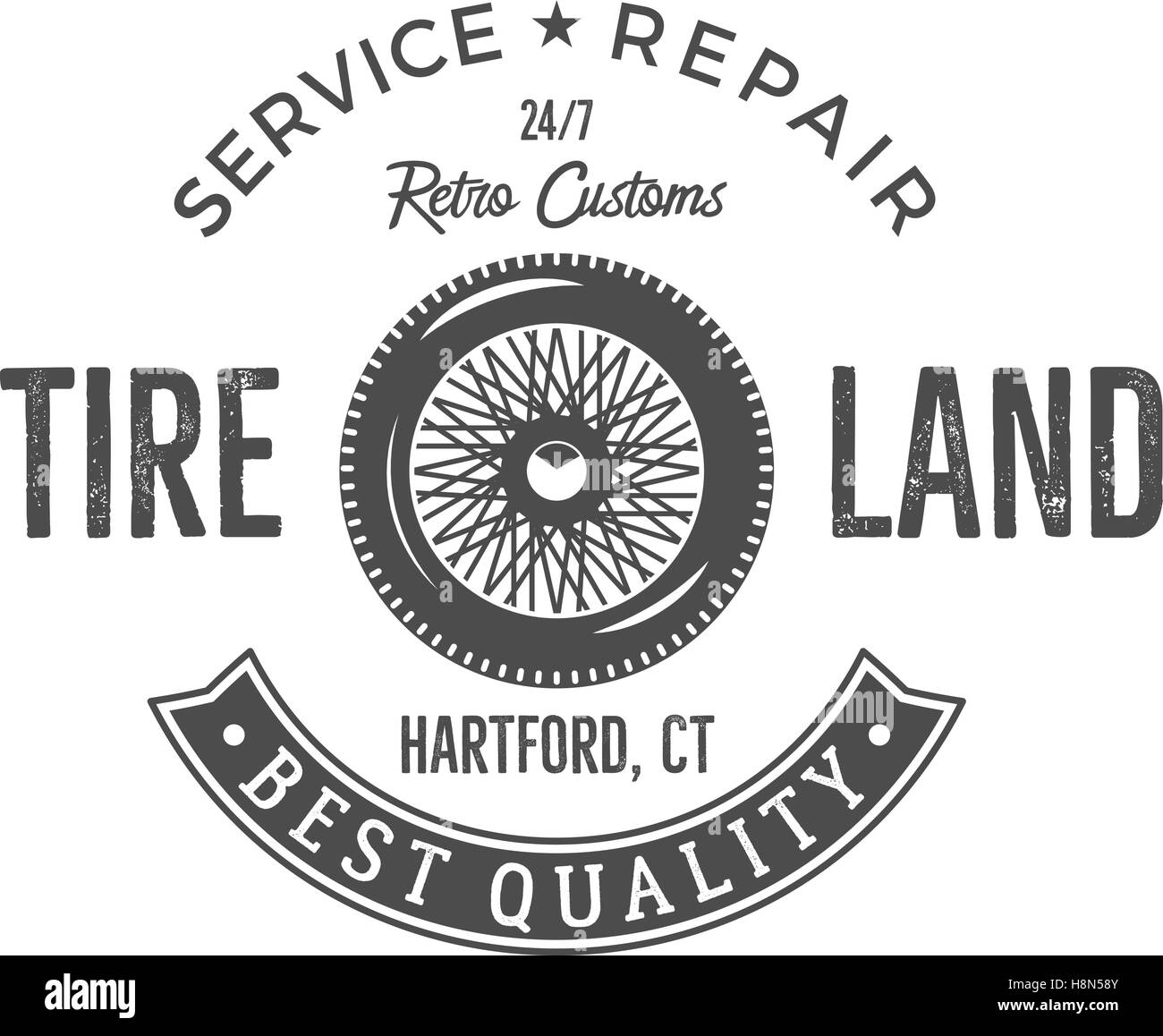 Vintage design de l'étiquette. Emblème du service de pneus en monochrome style rétro avec vector vieille roue et typographie éléments. Bon pour le character design, estampes, un service de réparation, le logo de l'étiquette, d'un insigne, etc. Illustration de Vecteur