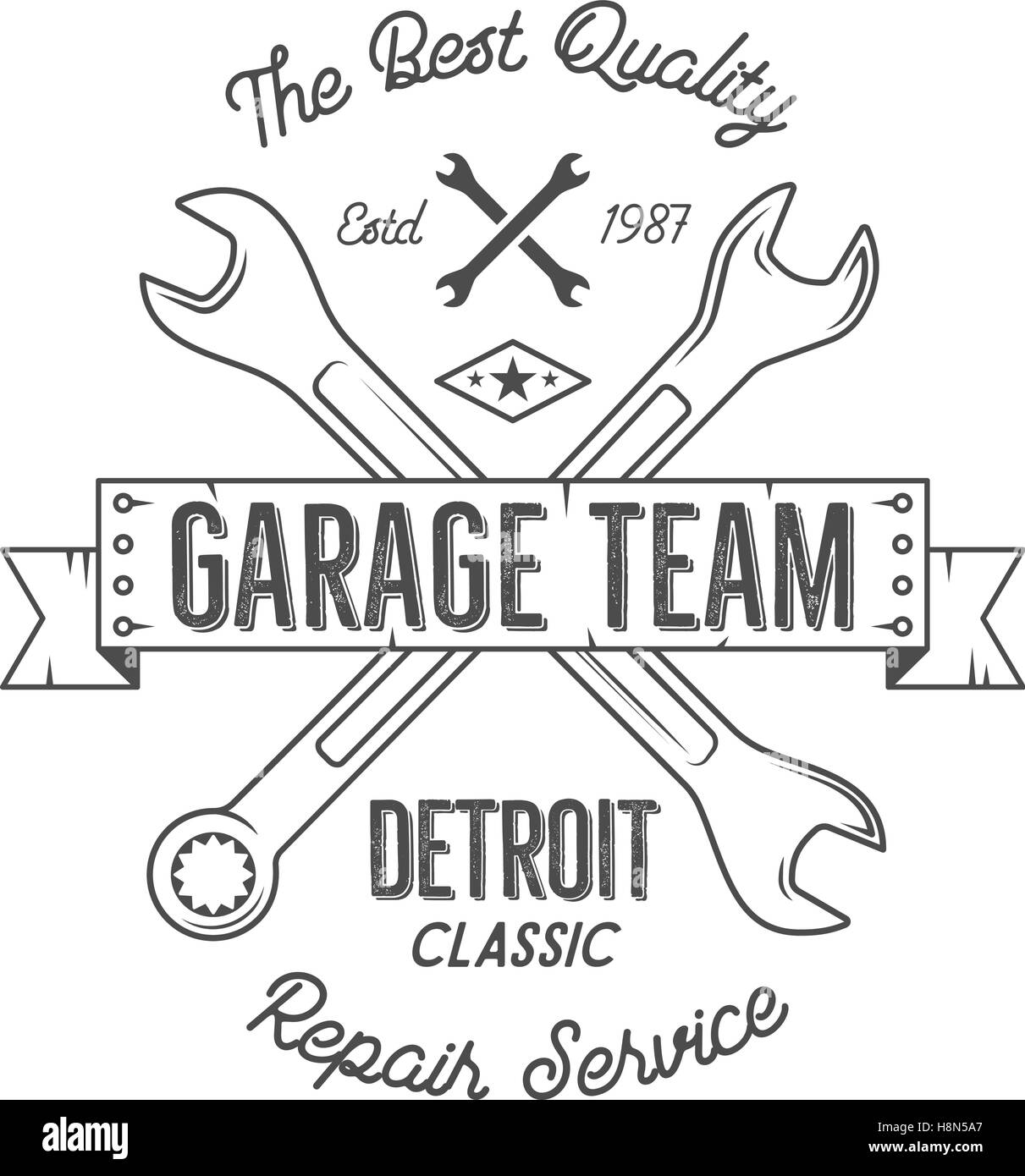 Service de Garage vintage tee design, Detroit, service de réparation classique typographie imprimer. T-shirt noir stamp, teeshirt, art graphique rétro premium. Le mieux pour emblème, le logo. Vecteur. Illustration de Vecteur