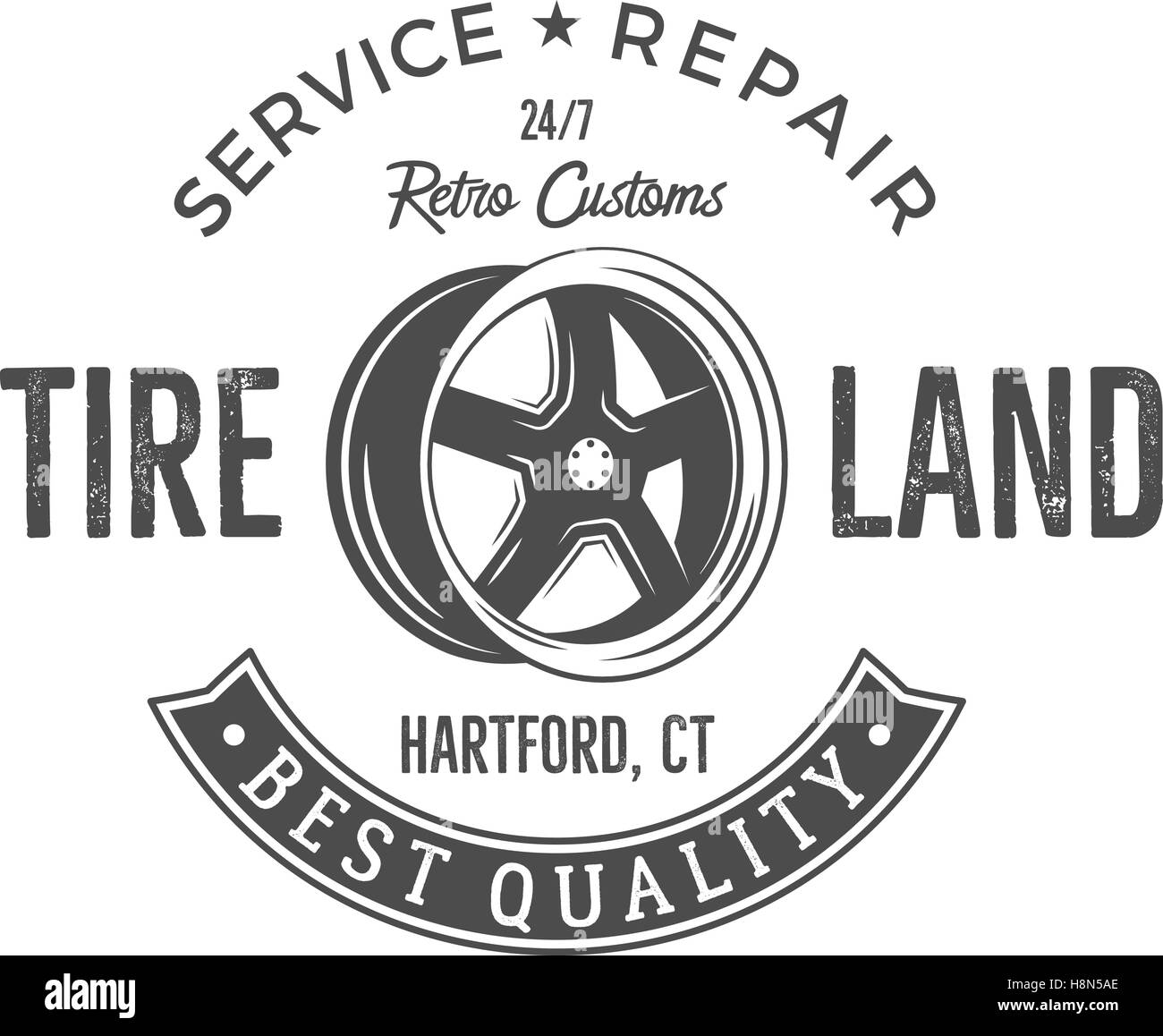 Vintage design de l'étiquette. Emblème du service de pneus en monochrome style rétro avec vector vieille roue et typographie éléments. Bon pour le character design, estampes, service de voiture logo, étiquette, de réparation de Vernonnet. Illustration de Vecteur