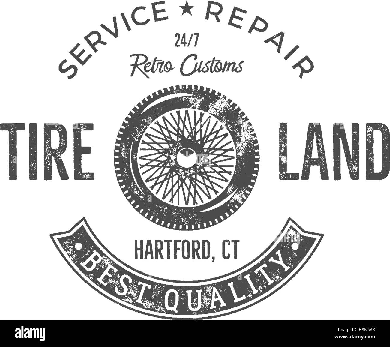 Service de pneus vintage design de l'étiquette. L'emblème en monochrome rétro style rétro avec vector vieille roue et typographie éléments. Bon pour le character design, estampes, un service de réparation, le logo de l'étiquette. Illustration de Vecteur