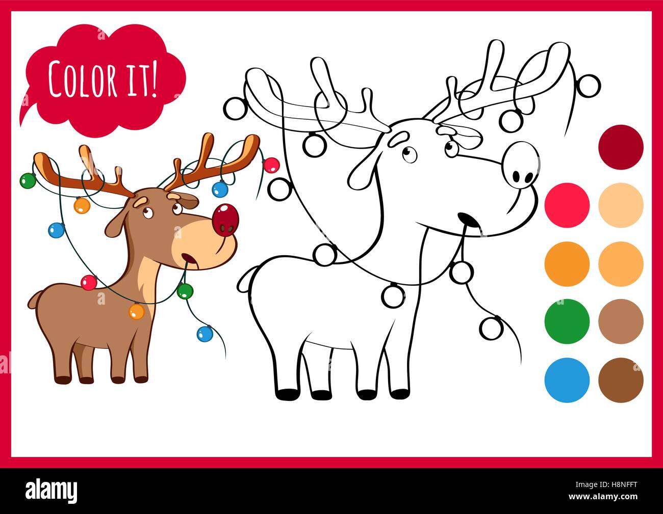La page de coloriage, cerfs, nouvelle année, Noël. Version couleur et
