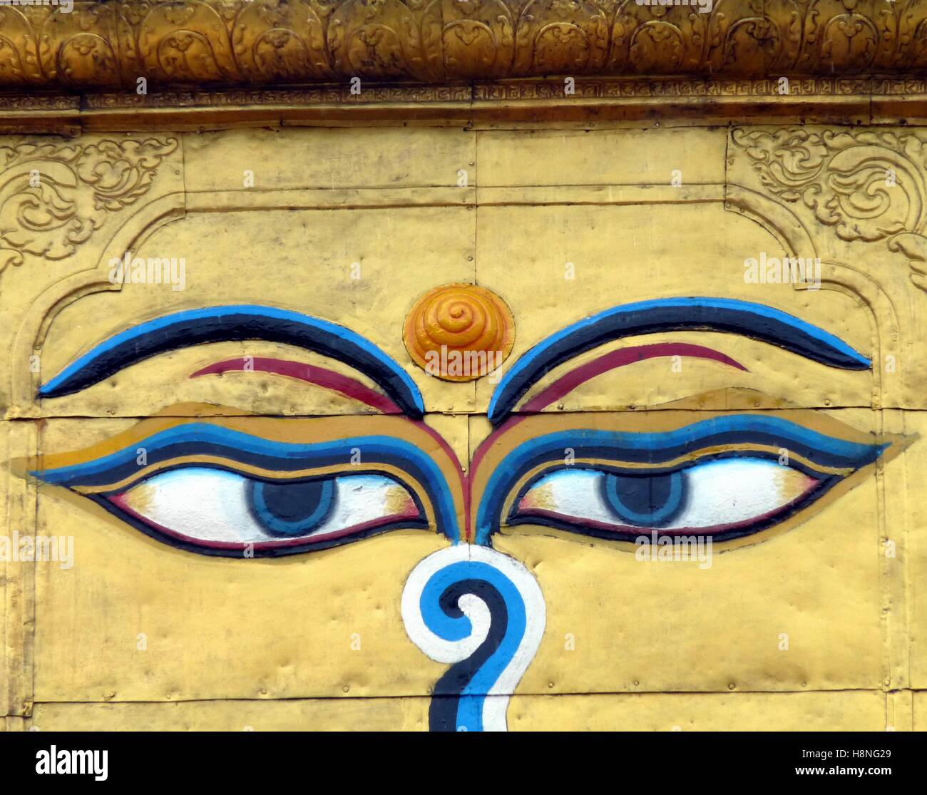 Close-up sur les yeux du Bouddha stupa Boudhanath, Katmandou, Népal Banque D'Images