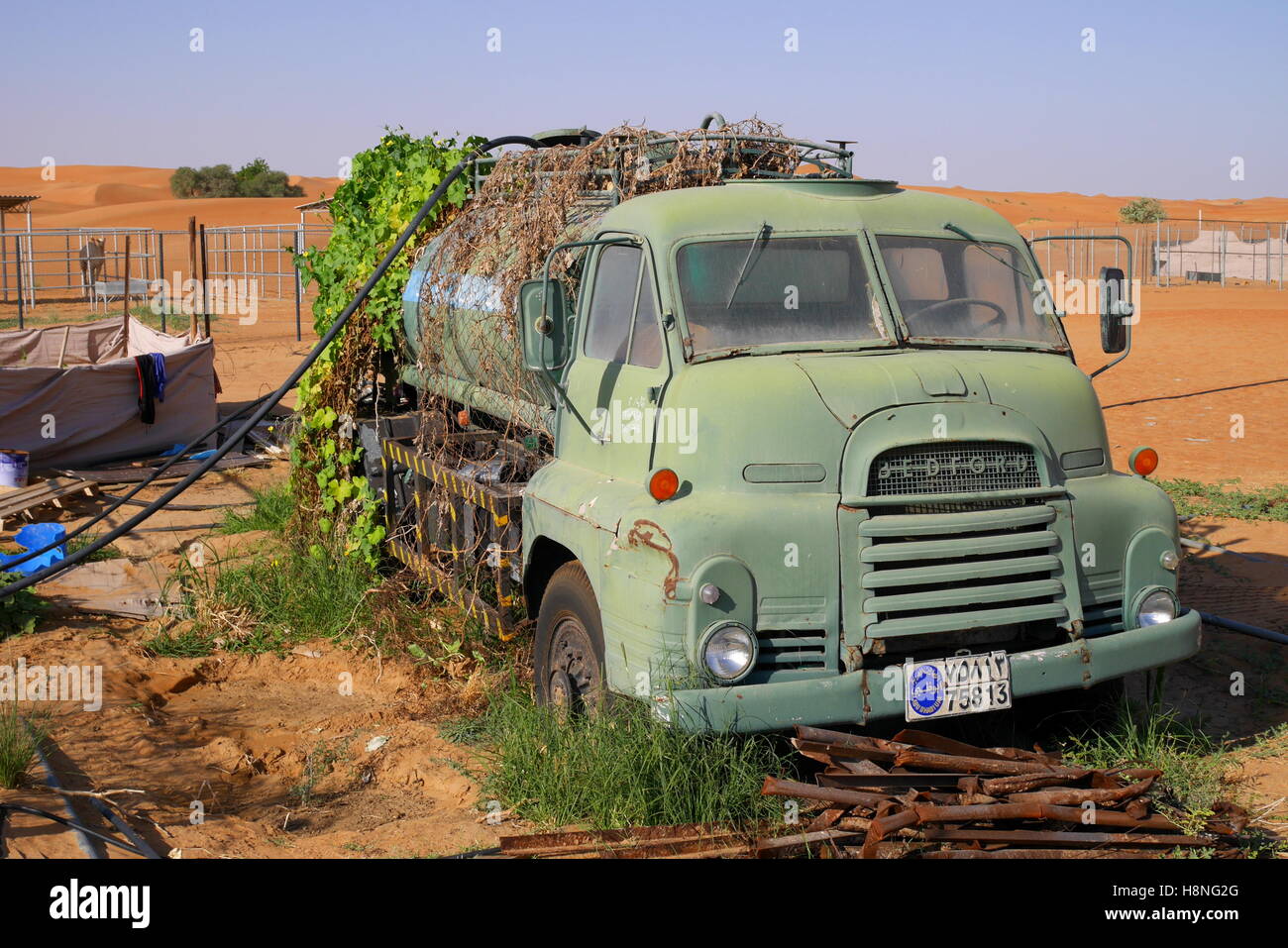 Années 1950, Bedford tanker, d'être utilisé comme un réservoir d'eau statique sur une ferme de chameaux, l'Émirat d'Abou Dhabi, Émirats arabes unis Banque D'Images