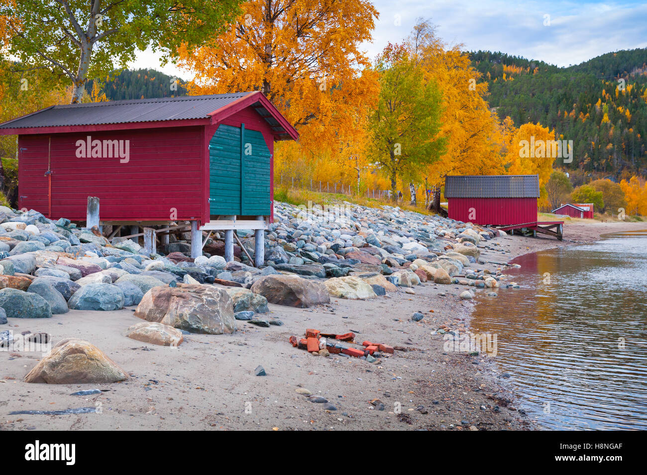 La côte de la mer de Norvège, paysage d'automne avec red granges de stockage pour les bateaux de pêche. Région de Trondheim Banque D'Images