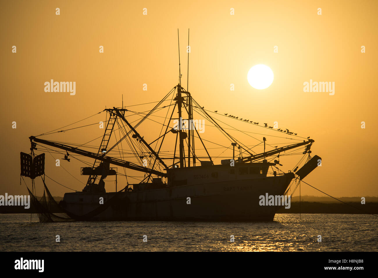 Bateau de crevettes au lever du soleil près de Port Aransas Texas Banque D'Images