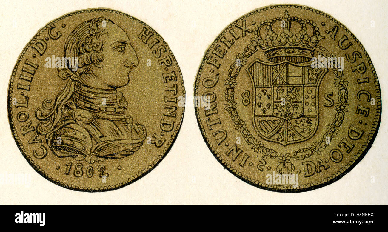 Un Espagnol 1802 8-pièce d'or, ou doubloon pièce de huit, montrant la tête du roi espagnol Charles IV, 1748 - 1819. Banque D'Images