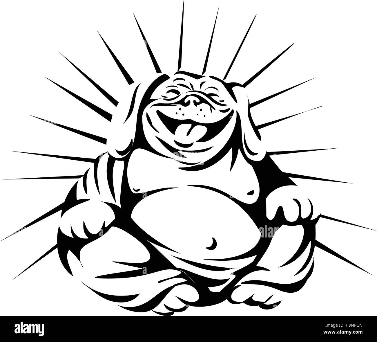 Illustration noir et blanc d'un bouledogue laughing Buddha assis vu de l'avant ensemble isolées sur fond blanc fait en ret Illustration de Vecteur