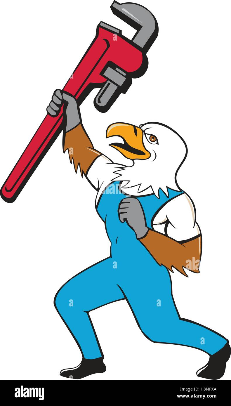 Illustration d'un aigle chauve américain permanent plombier avec genou replié en montée clé à molette clé à tube géant sur la tête Illustration de Vecteur