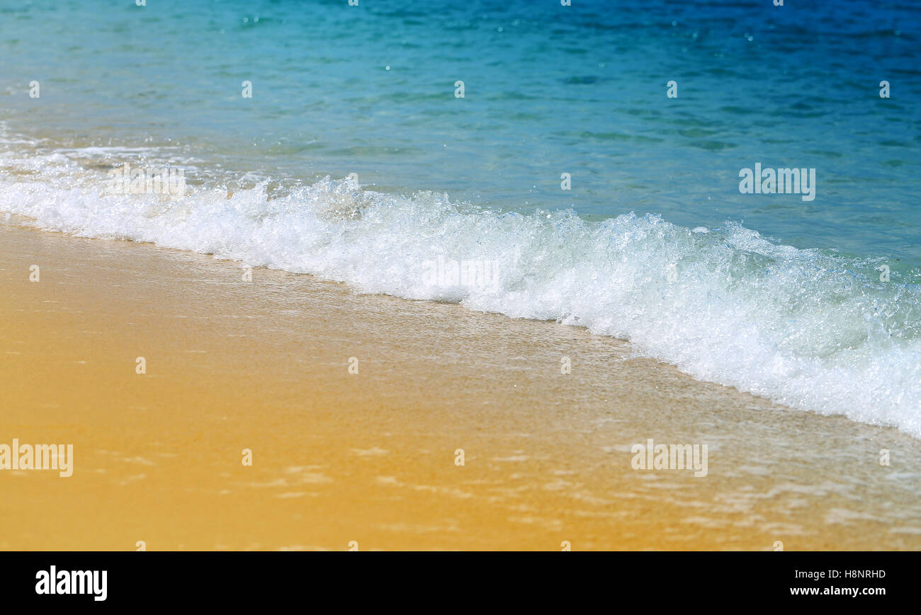 De belles vagues sur le sable de la mer jaune photographiée en close-up Banque D'Images