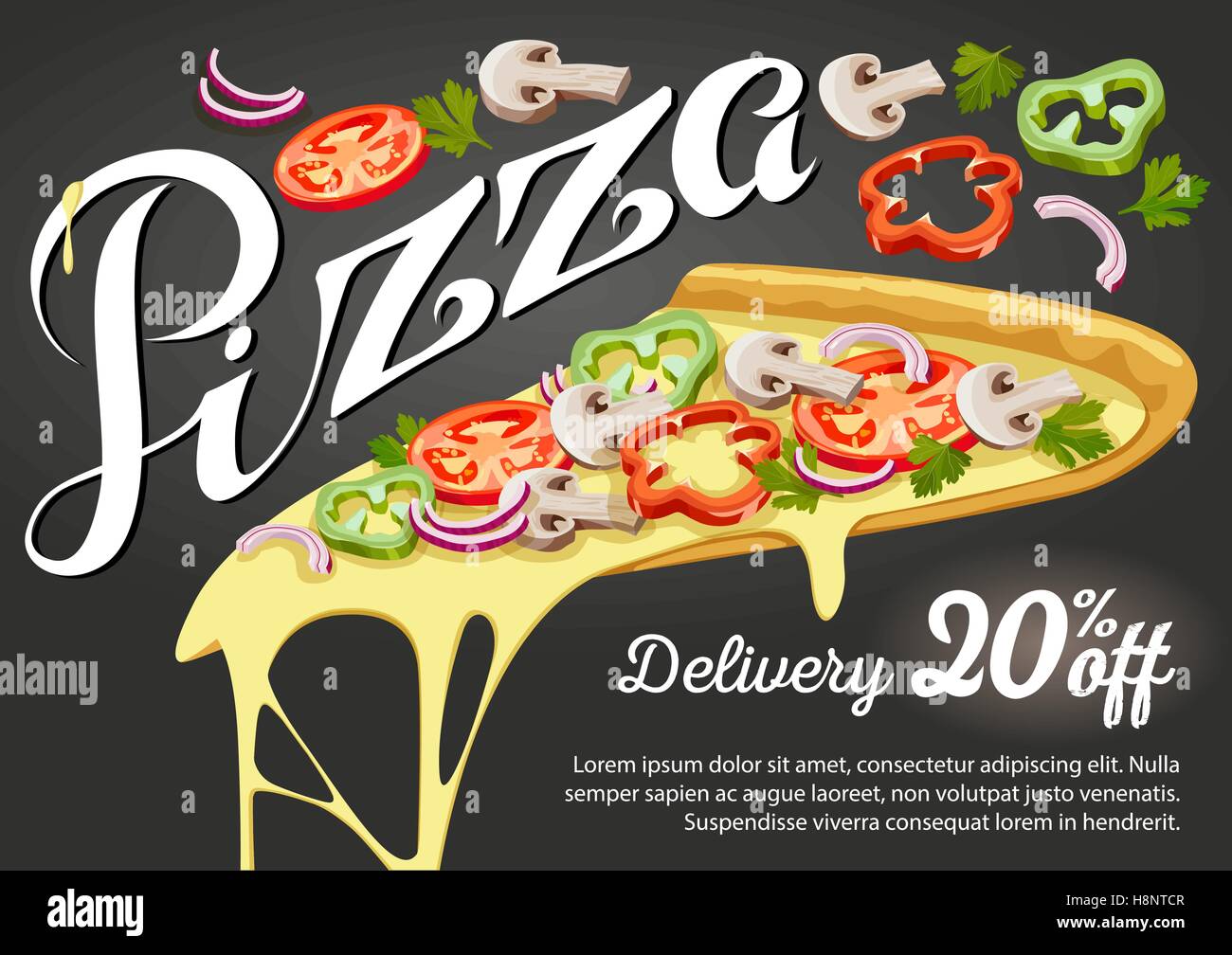 Italian Pizza végétarienne vecteur. Une tranche de pizza pour la conception de la publicité pour votre restaurant. Illustration de Vecteur