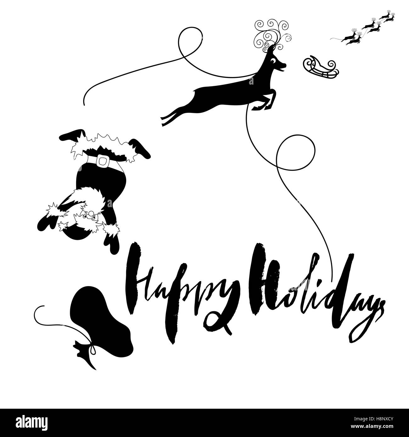 Traîneau du Père Noël à partir de l'automne avec le faisceau sur le renne. Vector illustration noir et blanc. Bonnes vacances. Illustration de Vecteur