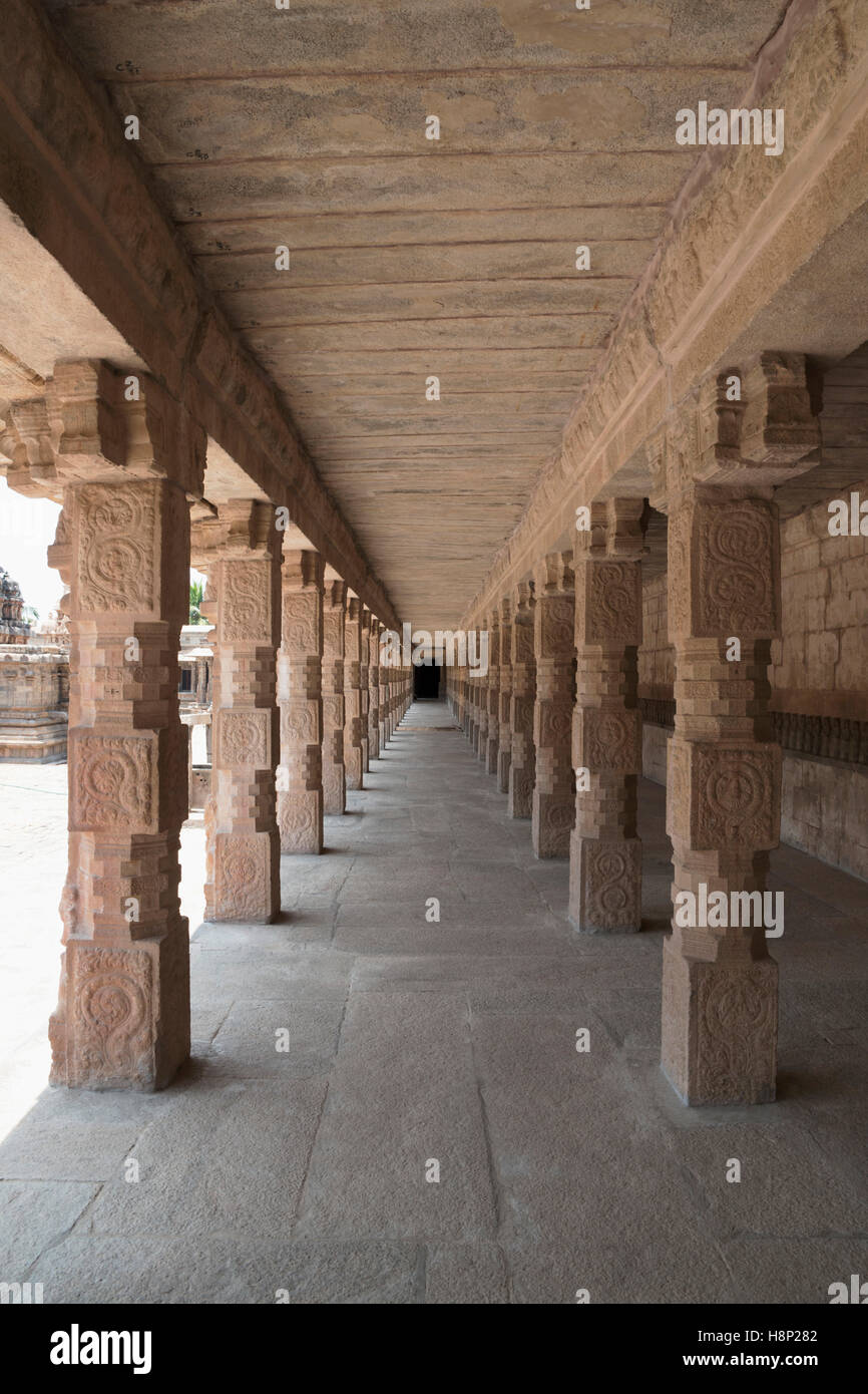 Le nord des piliers sculptés du cloître, Temple d'Airavatesvara, Darasuram, Tamil Nadu, Inde. Banque D'Images