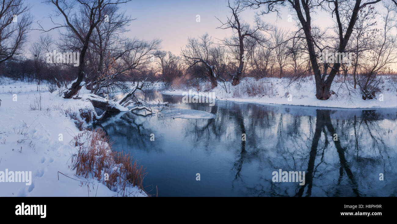 Vue panoramique du paysage d'hiver avec arbres, belle rivière gelée au coucher du soleil. Forêt d'hiver. La saison. Paysage avec arbres d'hiver, de l'eau Banque D'Images