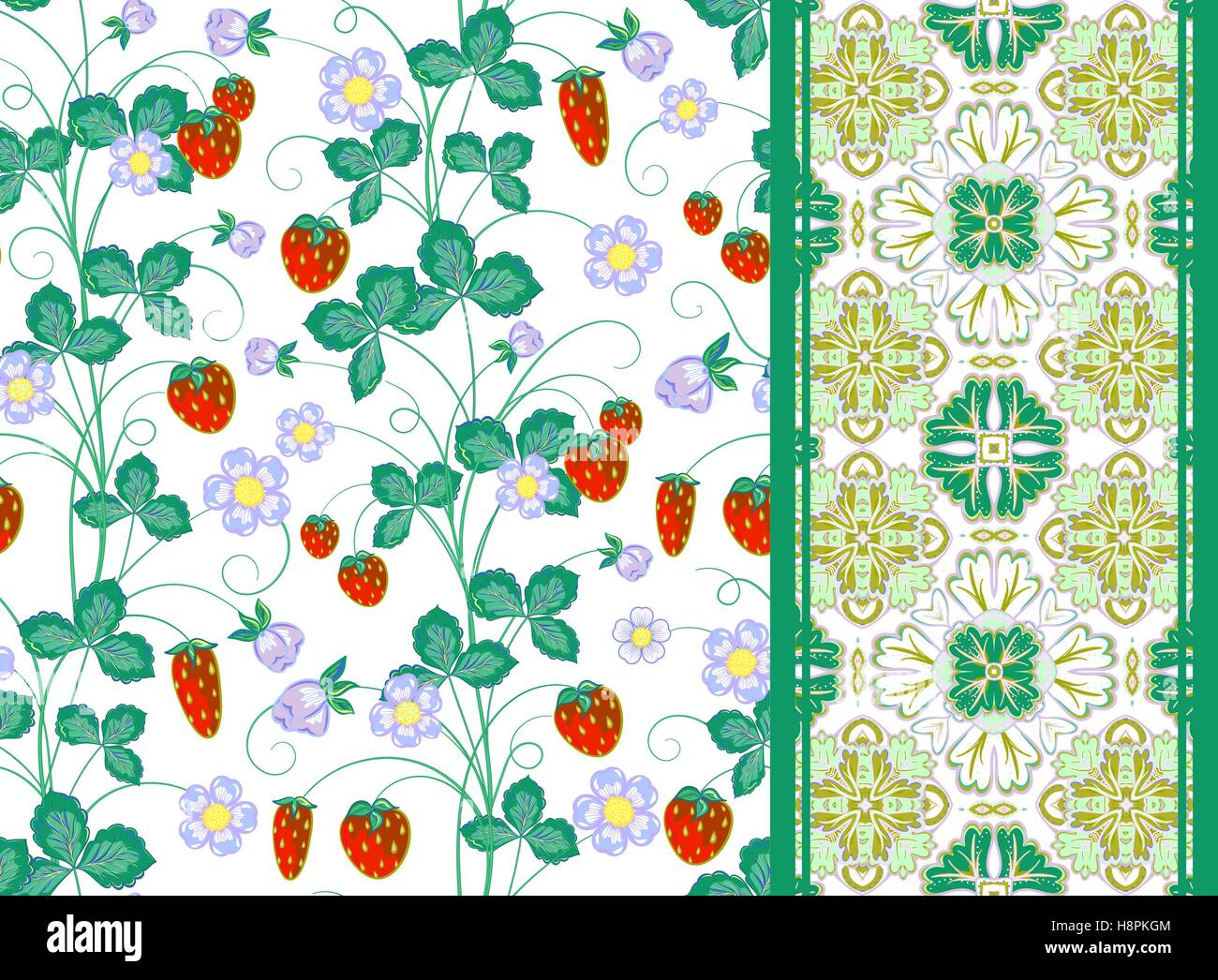 Jeu de vector hand drawn seamless pattern fraise et frontière (bande, ruban, bande). Illustration de Vecteur