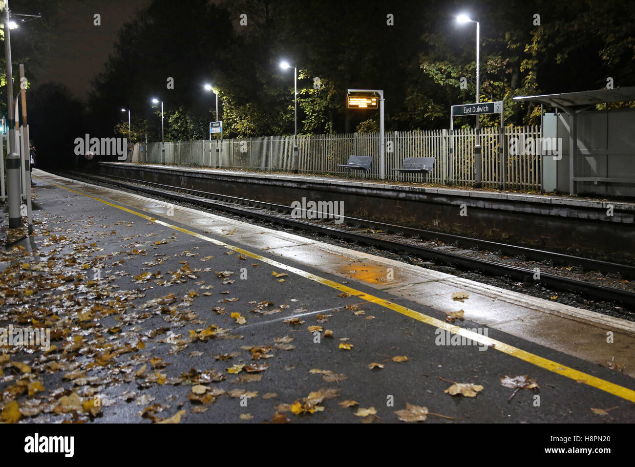Feuilles d'automne sur la piste et plate-forme à une gare ferroviaire du sud de Londres. Les feuilles sont connus pour causer des retards de train. Banque D'Images Feuilles d'automne sur la piste et plate-forme à une gare ferroviaire du sud de Londres. Les feuilles sont connus pour causer des retards de train. Banque D'Images
