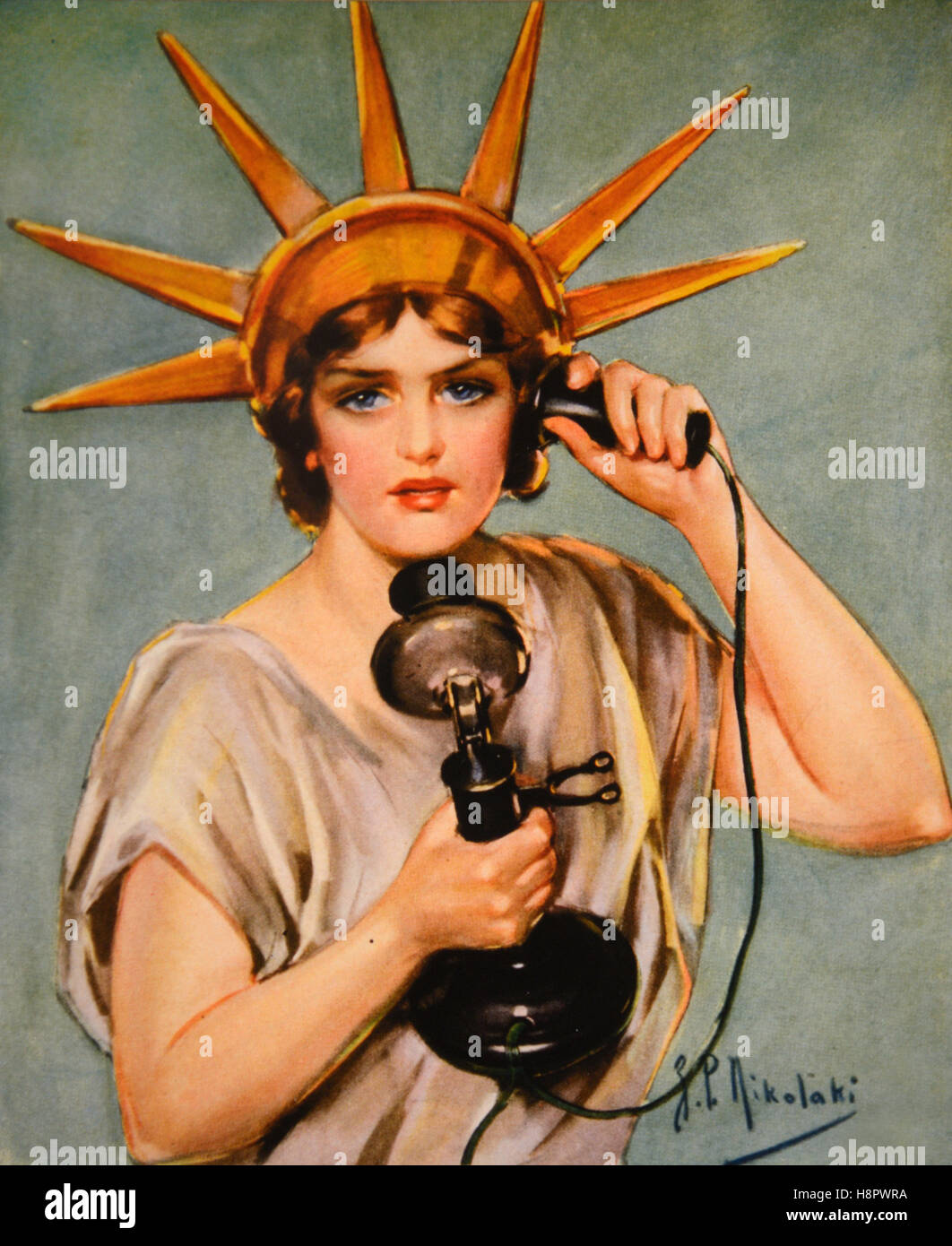 Statue de la liberté de parler. Une publicité utilisée pour promouvoir l'achat d'obligations 'Liberty' avec Lady Liberty faisant appel aux citoyens via un téléphone Chandelier pour aider à financer la reconstruction d'après-guerre Après la Première Guerre mondiale. Gravure ou lithographie de Z. P. Nikolaki 1918 Banque D'Images