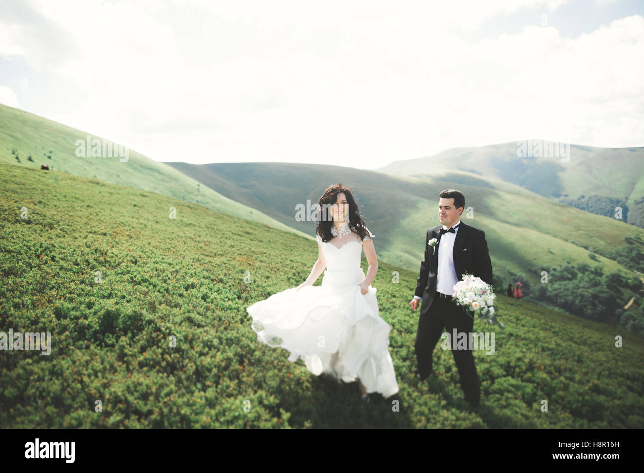 Kissing wedding couple séjournant plus beau paysage Banque D'Images