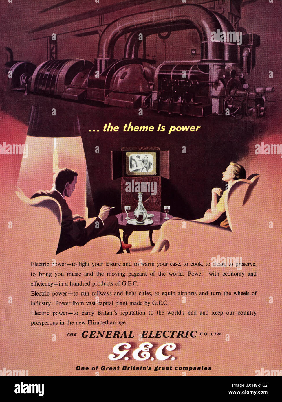 1950 Annonce de la publicité old vintage original du magazine anglais 1953 Publicité pour GEC General Electric Co Ltd célébrant le couronnement de la reine Elizabeth II Banque D'Images