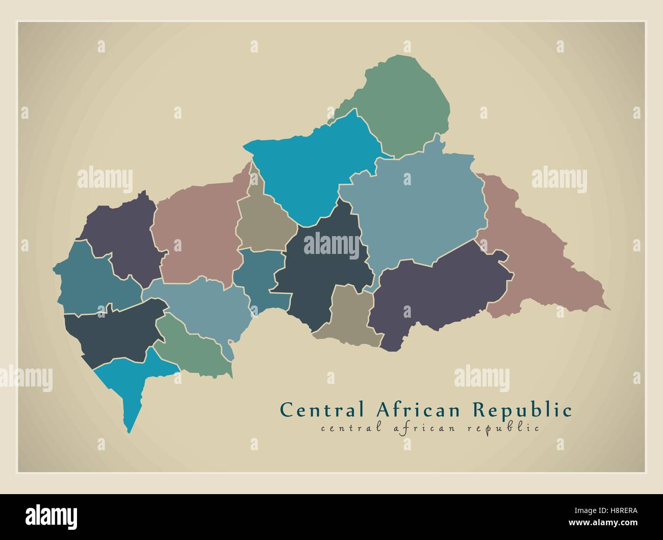 Carte moderne - République centrafricaine avec les préfectures des FC de couleur Illustration de Vecteur