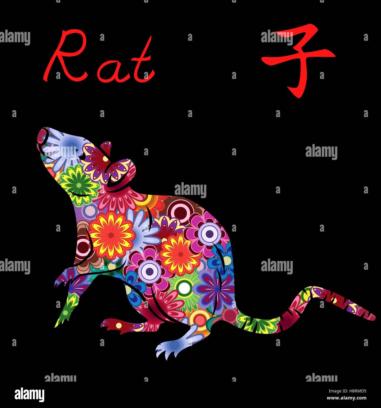 Signe zodiacal chinois Rat, élément fixe l'eau, symbole de la nouvelle année sur le calendrier oriental, hand drawn vector stencil avec colorfu Illustration de Vecteur