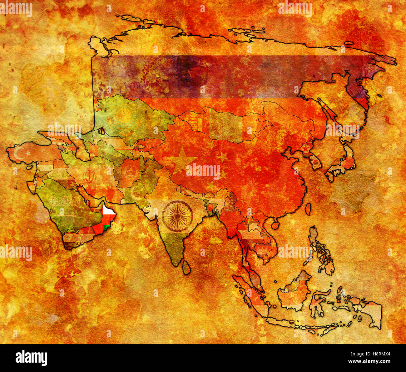 Carte politique de l'Asie ancienne avec pavillon d'Oman Banque D'Images