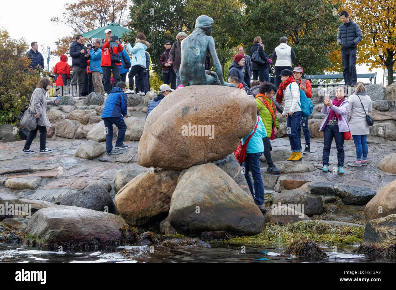 Les touristes d'admirer la statue de la petite sirène de Copenhague, Danemark Banque D'Images
