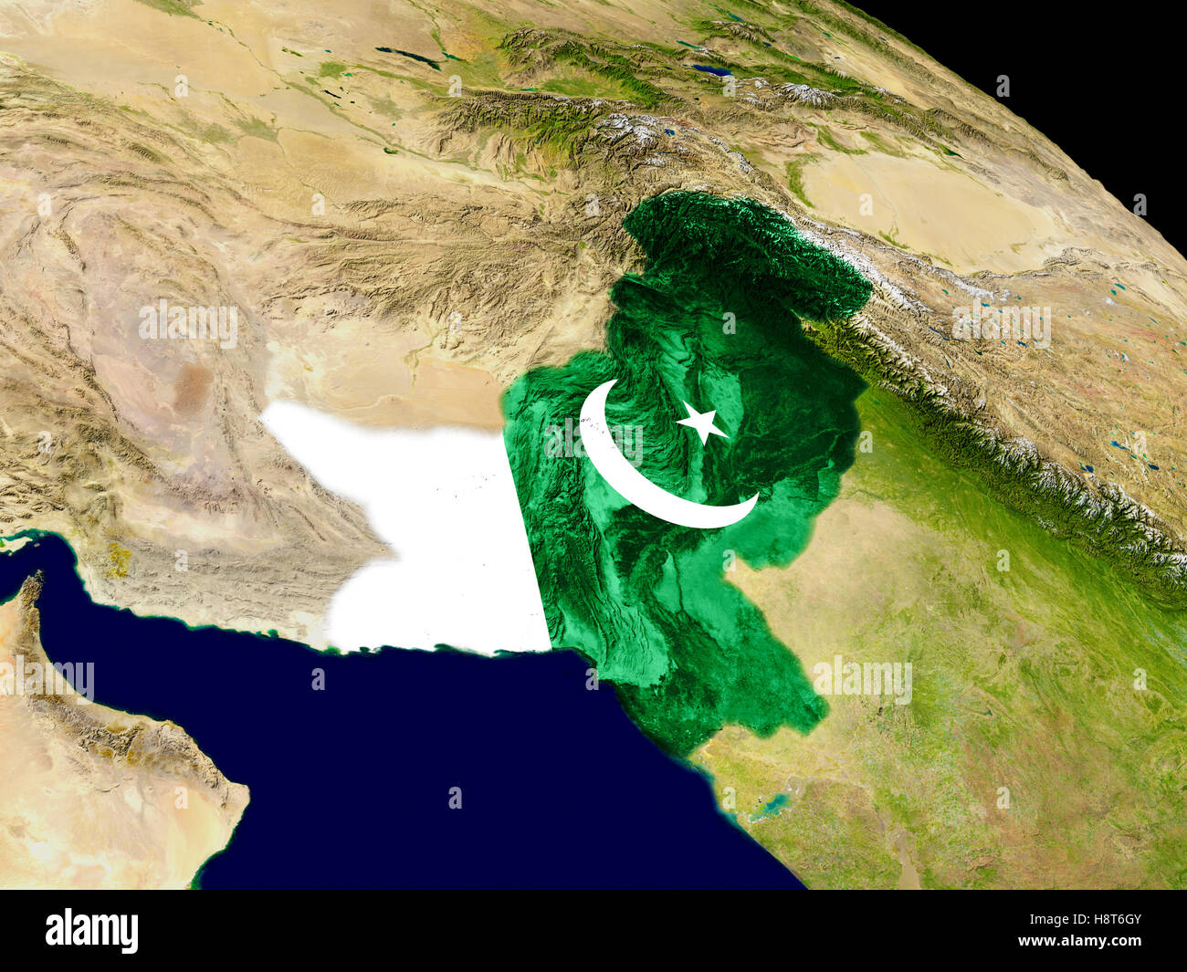 La carte du Pakistan avec des drapeaux sur la surface de la planète. 3D illustration. Éléments de cette image fournie par la NASA. Banque D'Images