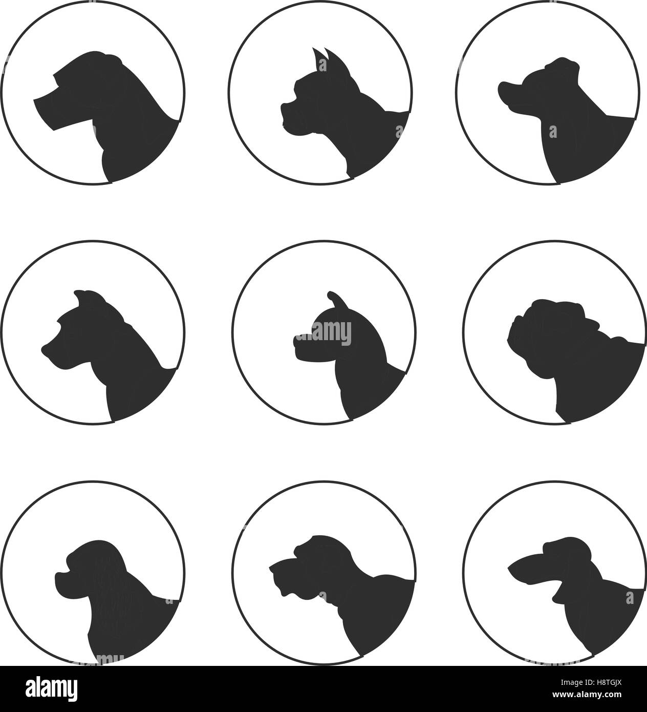 Ensemble de têtes de chiens silhouette. Akita et bulldog, teckel et anglais mastiff, vector illustration Illustration de Vecteur Ensemble de têtes de chiens silhouette. Akita et bulldog, teckel et anglais mastiff, vector illustration Illustration de Vecteur