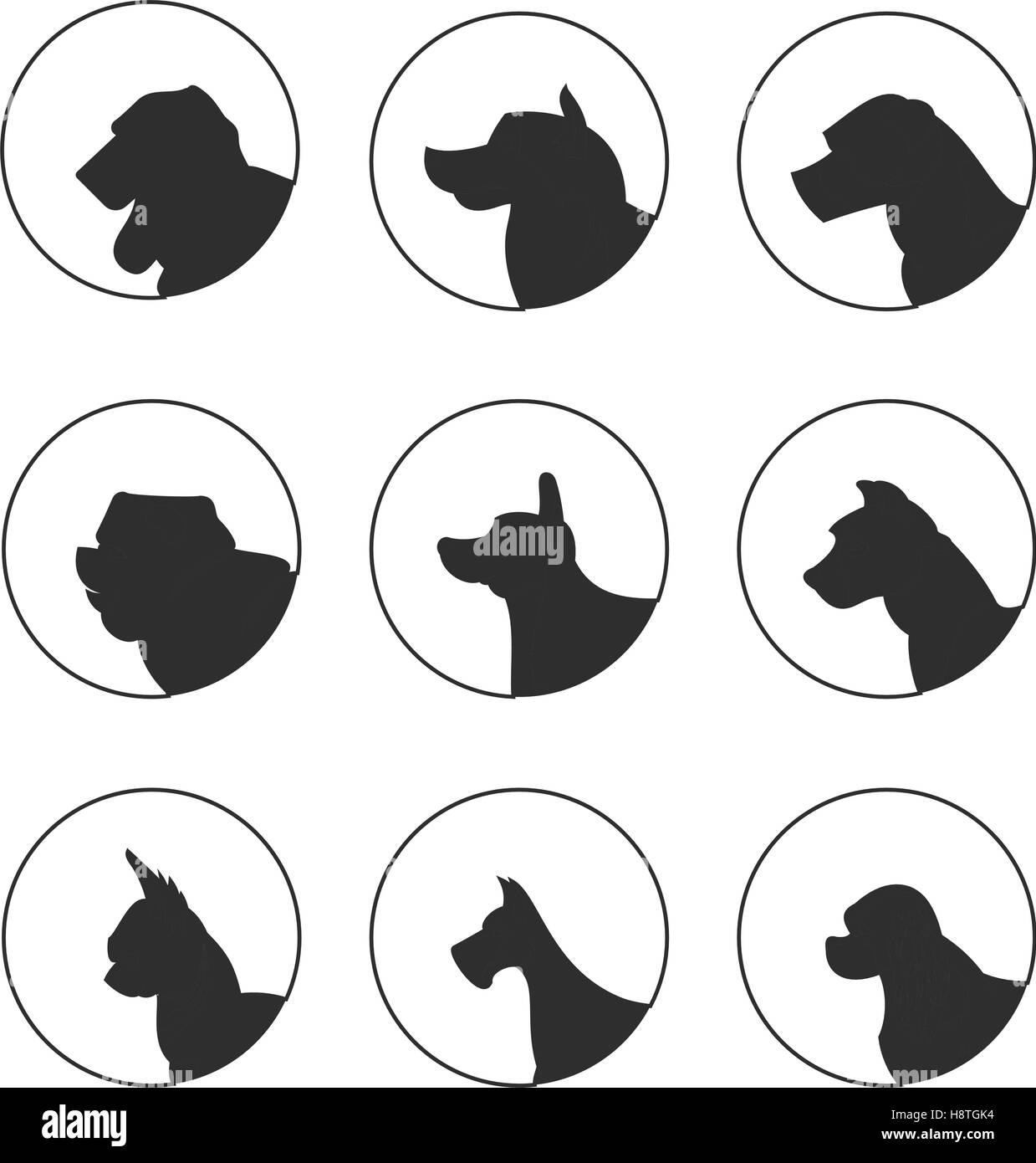 Ensemble de têtes de chiens silhouette. Basset et Chihuahua, chow-chow et grand danois, vector illustration Illustration de Vecteur