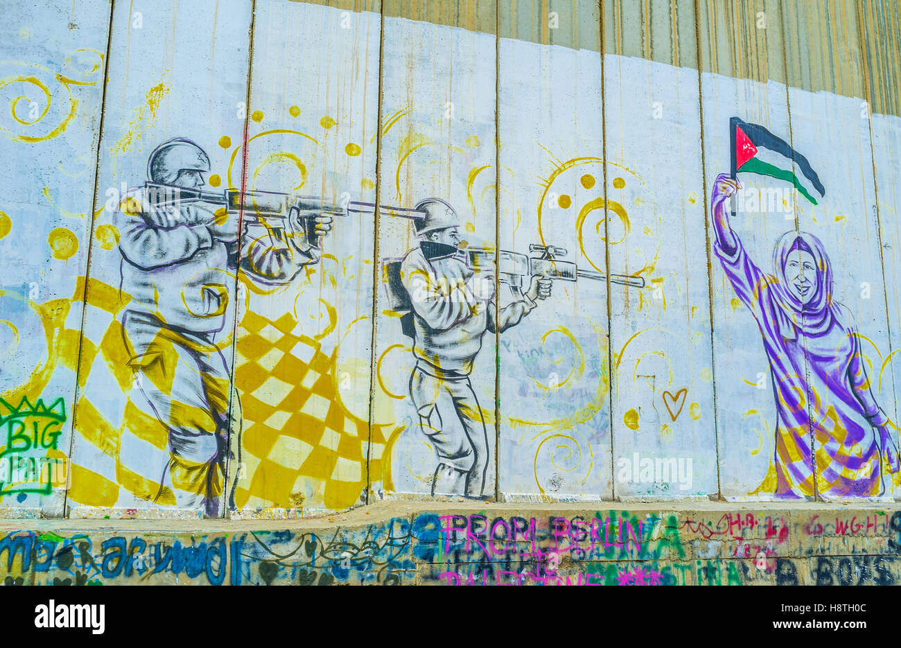 La peinture murale représentant qu'Israéliens - conflit palestinien sur le mur de séparation Banque D'Images