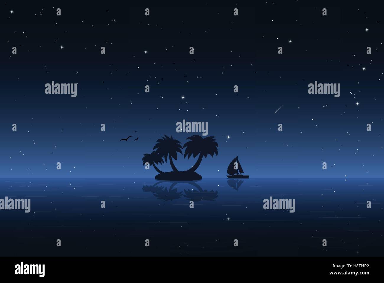 Petite île tropique la nuit. Bateau amarré, oiseaux, Palm et les étoiles. Illustration de Vecteur