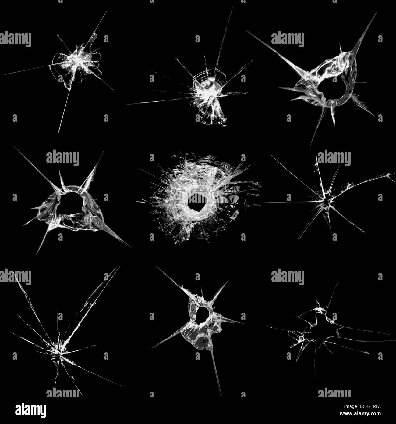 Jeu de silhouettes des fissures sur du verre brisé comme les dommages causés par balles , isolé sur noir. Vector Illustration de Vecteur