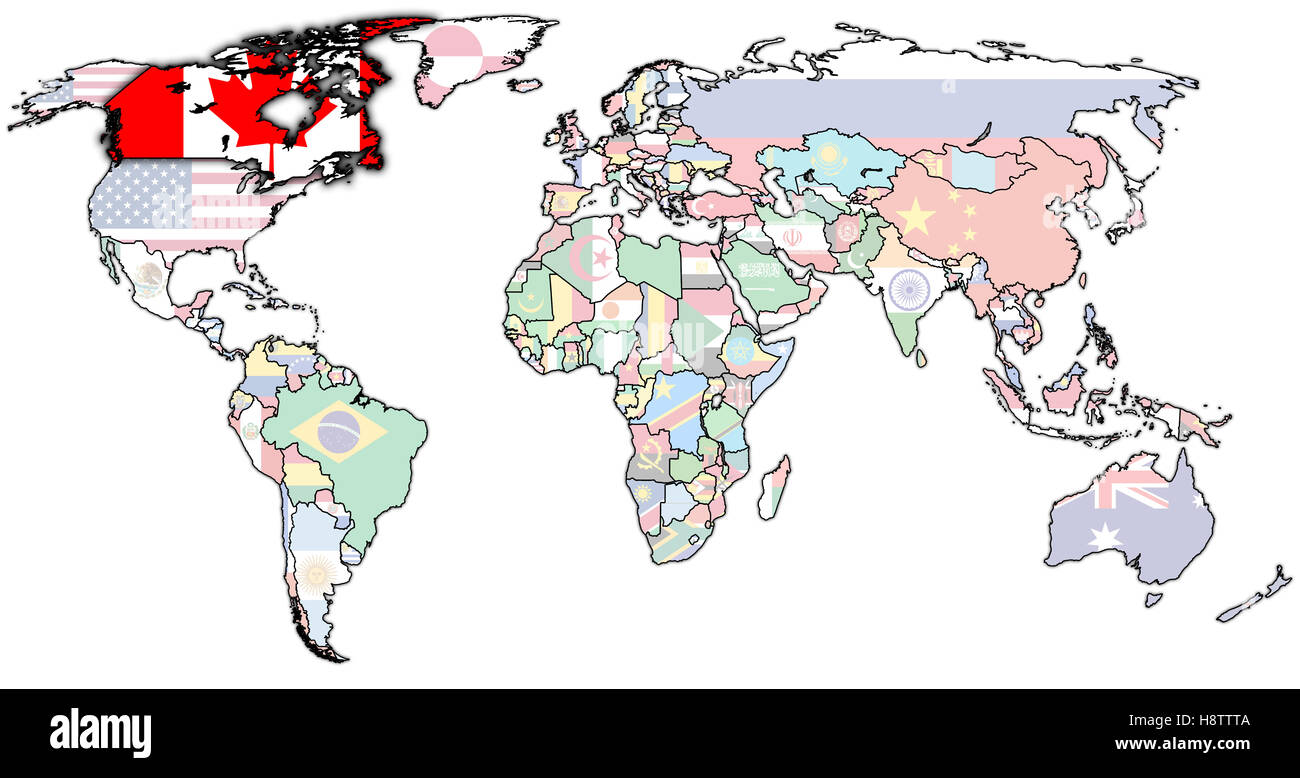 Carte politique de l'ancien monde avec le drapeau du Canada Banque D'Images