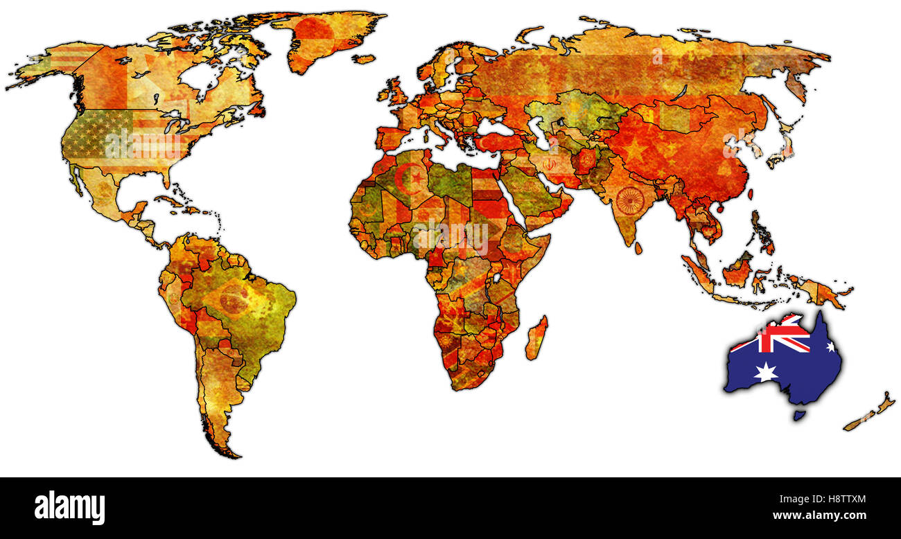 Carte politique de l'ancien monde avec pavillon de l'Australie Banque D'Images