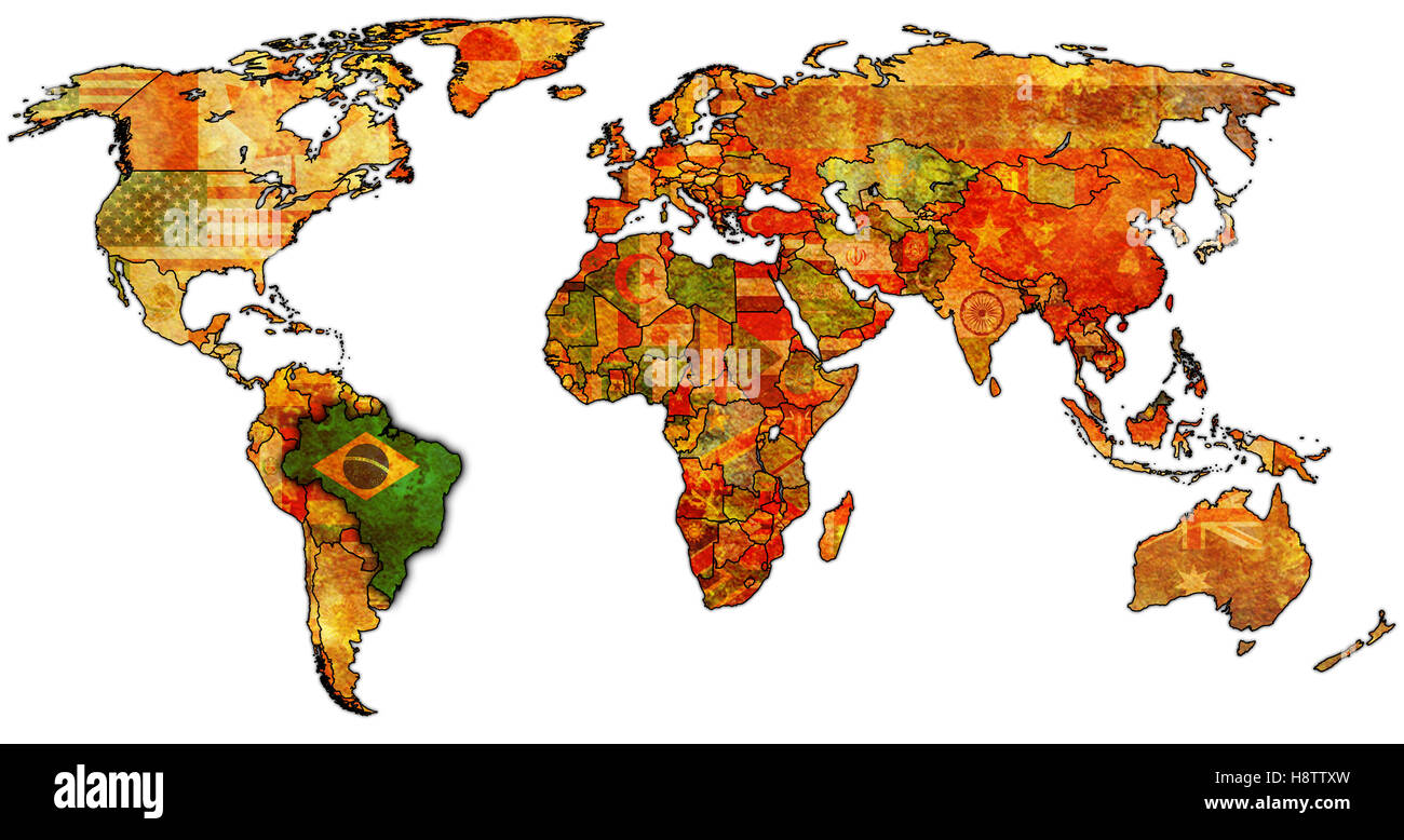 Carte politique de l'ancien monde avec drapeau du Brésil Banque D'Images