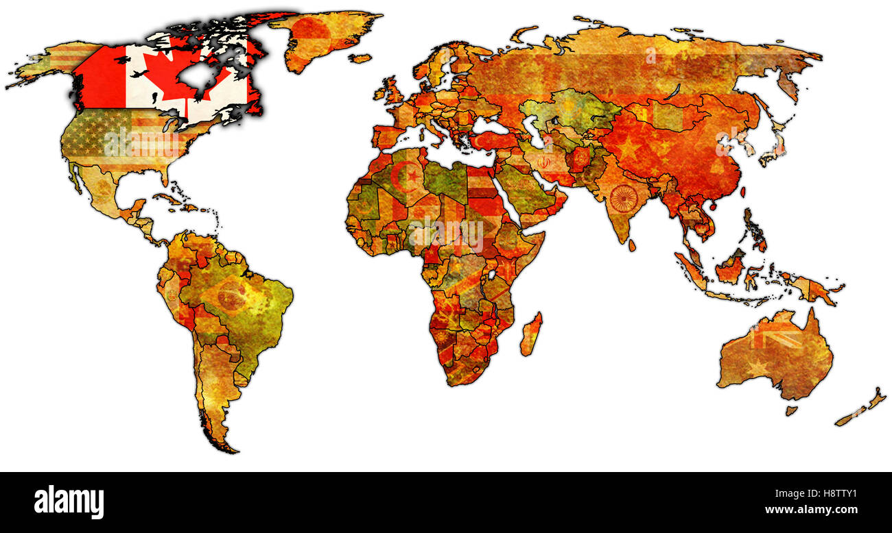 Carte politique de l'ancien monde avec le drapeau du Canada Banque D'Images