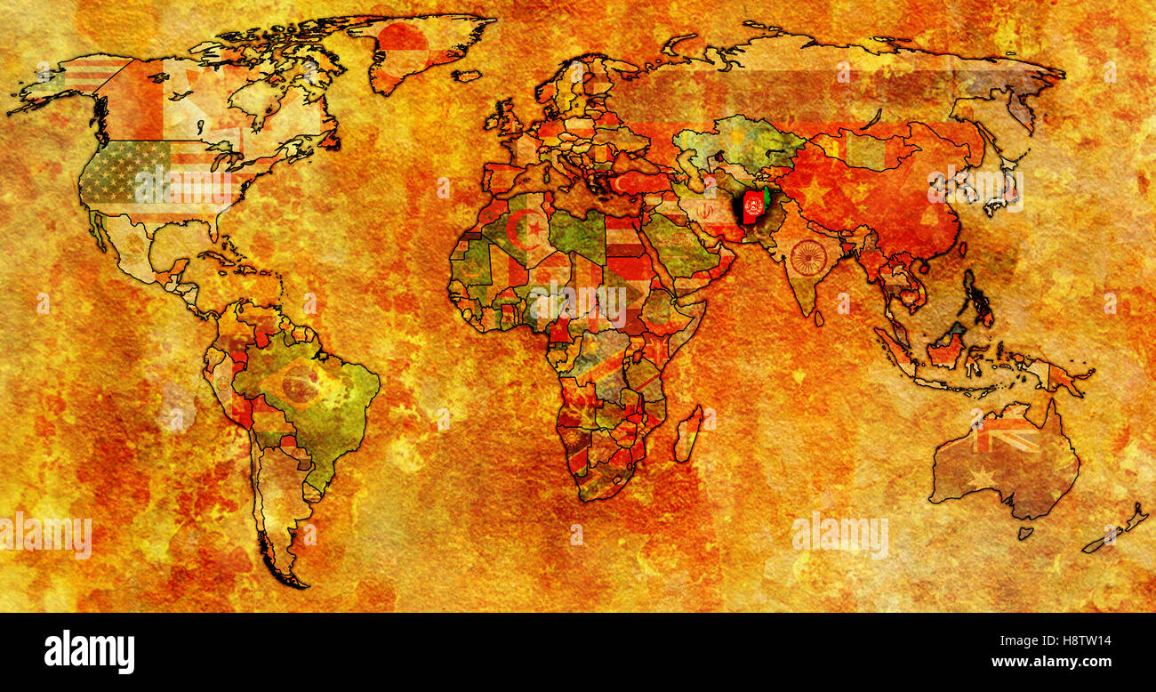 Carte politique de l'ancien monde avec drapeau de l'afghanistan Banque D'Images