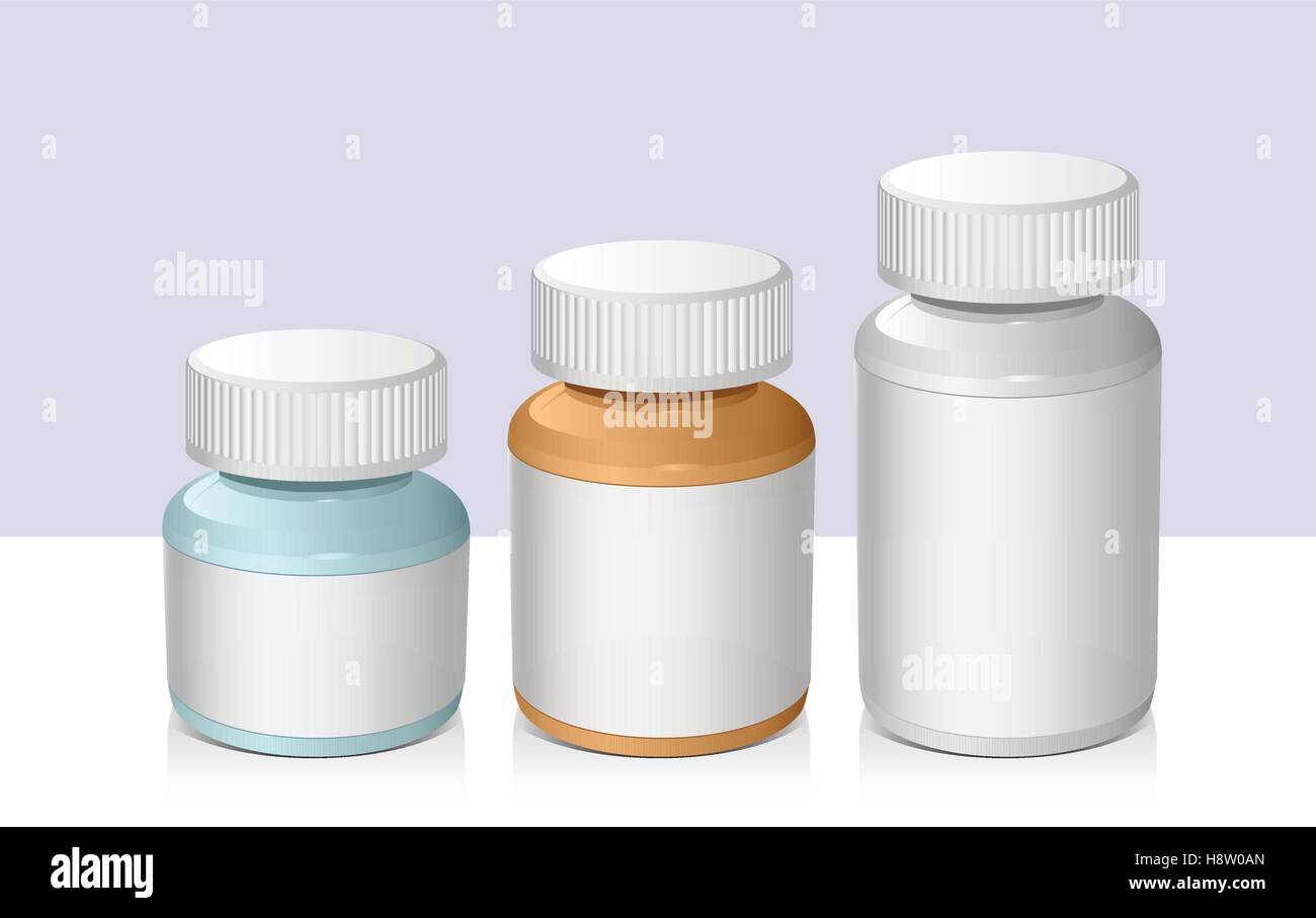 Flacons de médicaments de différentes tailles avec des étiquettes de médicaments Illustration de Vecteur